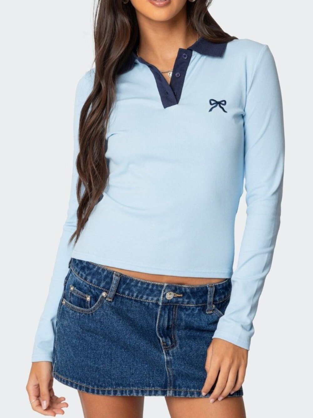 Edikted Light Blue Bow Embroidered Long Sleeve Polo Top XS
